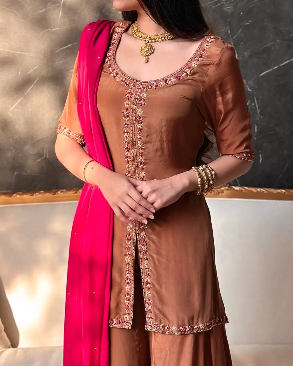 Luxe Brown Zari-Embroidered Flared Set